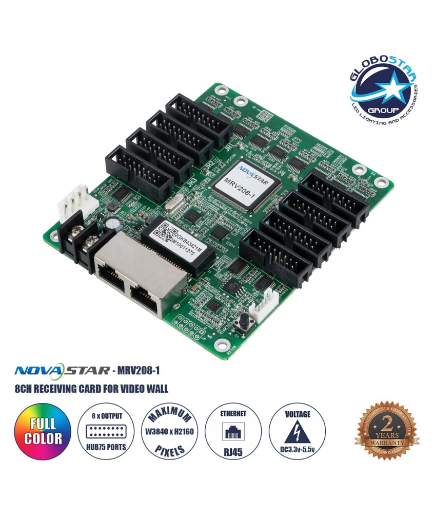 GLOBOSTAR® MRV208-1 41021 Novastar MRV208-1 Receiving Card για Οθόνες LED Video Wall 8 x HUB75E με Loading Capacity σε Pixel 256 x 256px - Gigabit Network Ethernet Input & Output Ports - DC 5V IP20 - Μ9.5 x Π10.9 x Υ1.8cm - 2 Χρόνια Εγγύηση